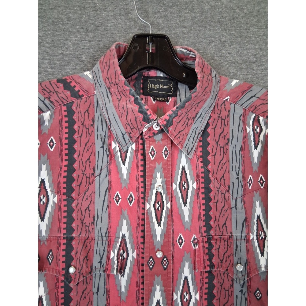 VTG High Noon Mens Shirt M Red Gray Aztec Pearl Snap Southwestern Rodeo Ranch